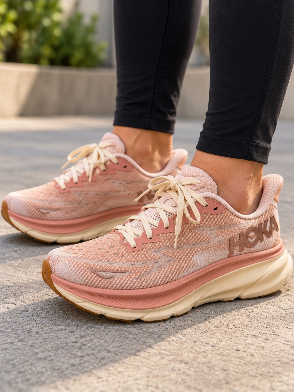 HOKA Clifton 9 Womenโs Size 9 Running Shoes Pink Peach Rose Athletic Sneakers